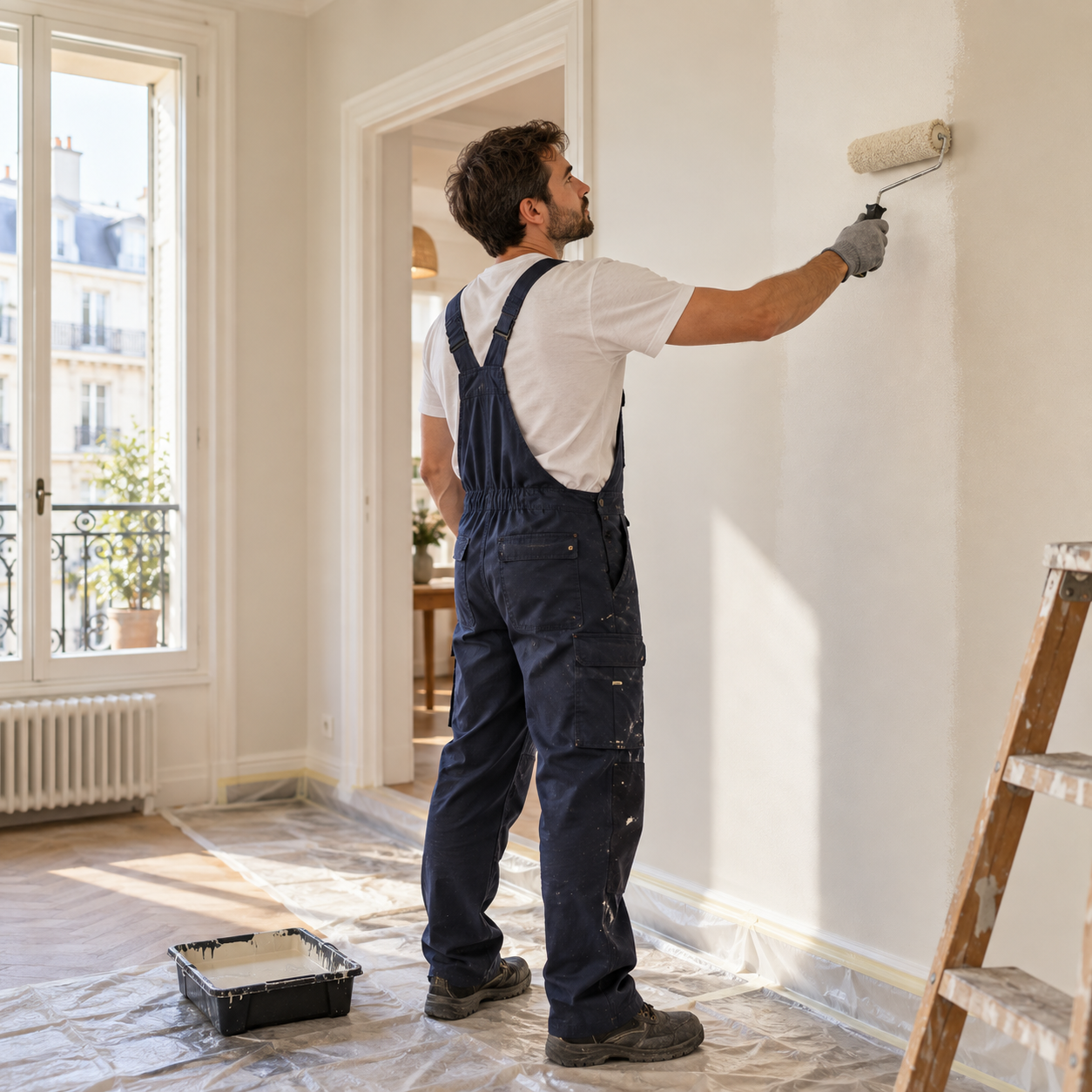 Illustration d’un artisan peignant un mur intérieur pendant des travaux de rénovation