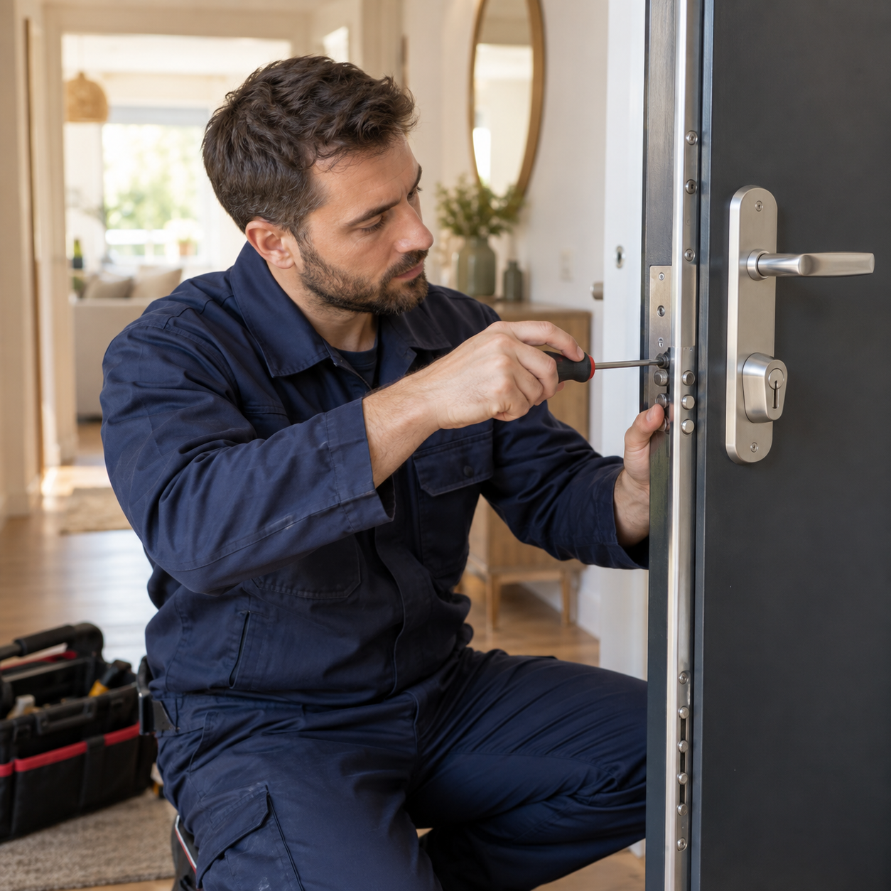 Illustration de la pose d’une serrure de sécurité sur une porte